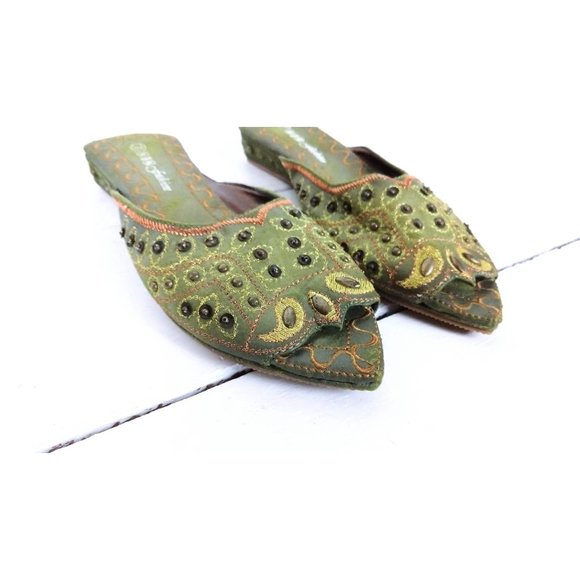 Vintage metallic embroidered beaded Indian flat mule faux suede sandals - Picture 4 of 7